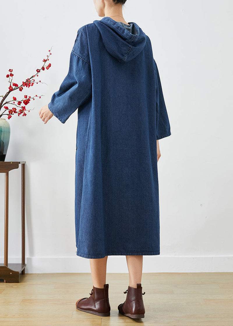 Navy Oversized Hooded Denim Vacation Dresses Fall