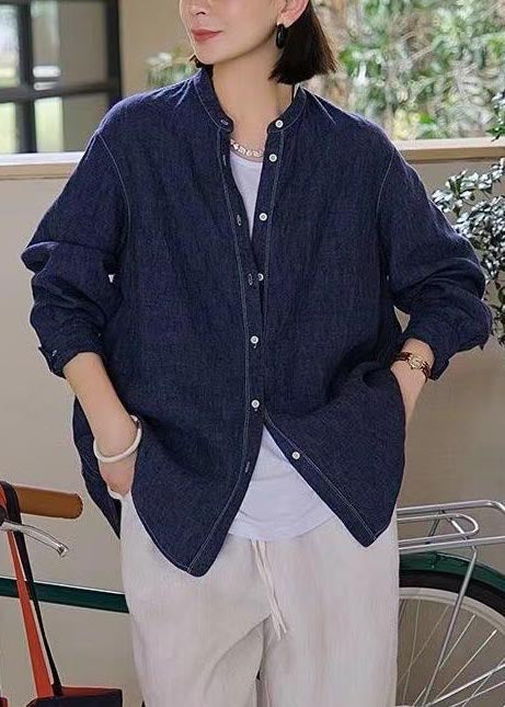 Navy Oversized Linen Shirt Top Fall