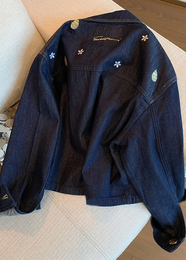 Navy Peter Pan Collar Embroidered Denim Coat Spring