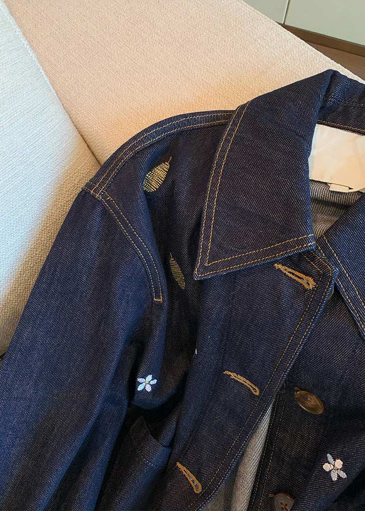 Navy Peter Pan Collar Embroidered Denim Coat Spring