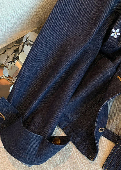 Navy Peter Pan Collar Embroidered Denim Coat Spring