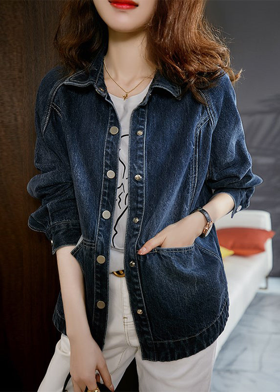 Navy Peter Pan Collar Pockets Patchwork Denim Jackets Fall