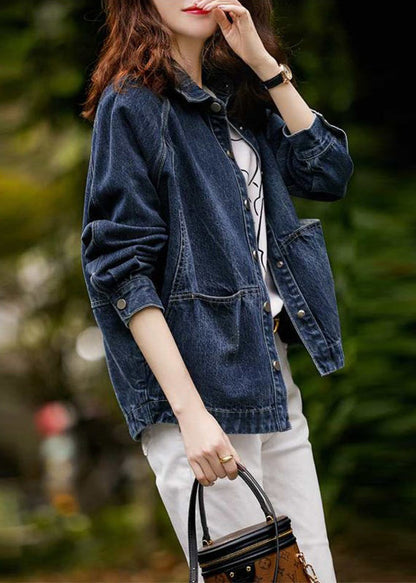 Navy Peter Pan Collar Pockets Patchwork Denim Jackets Fall