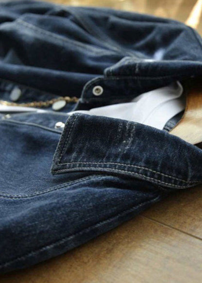Navy Peter Pan Collar Pockets Patchwork Denim Jackets Fall
