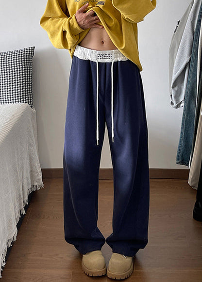 Navy Pockets Drawstring Cotton Pants Spring