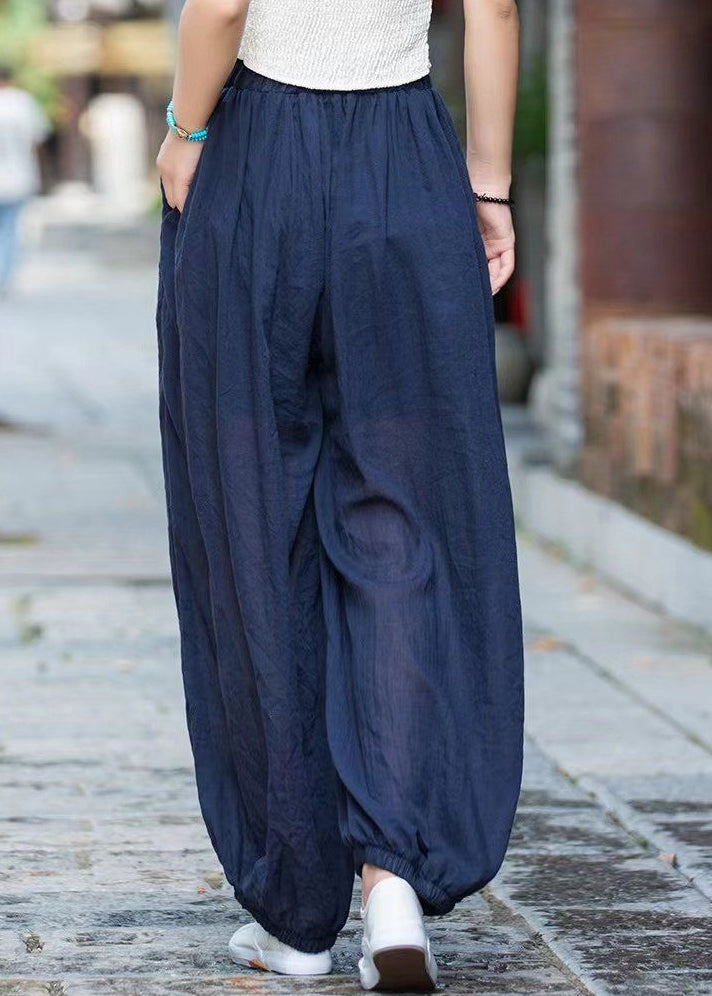 Navy Pockets Elastic Waist Cotton Lantern Pants Summer