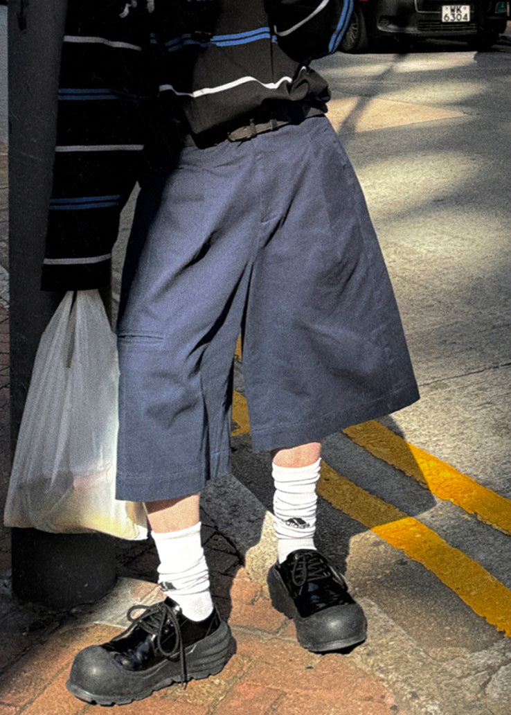 Navy Pockets High Waist Cotton Crop Pants Summer