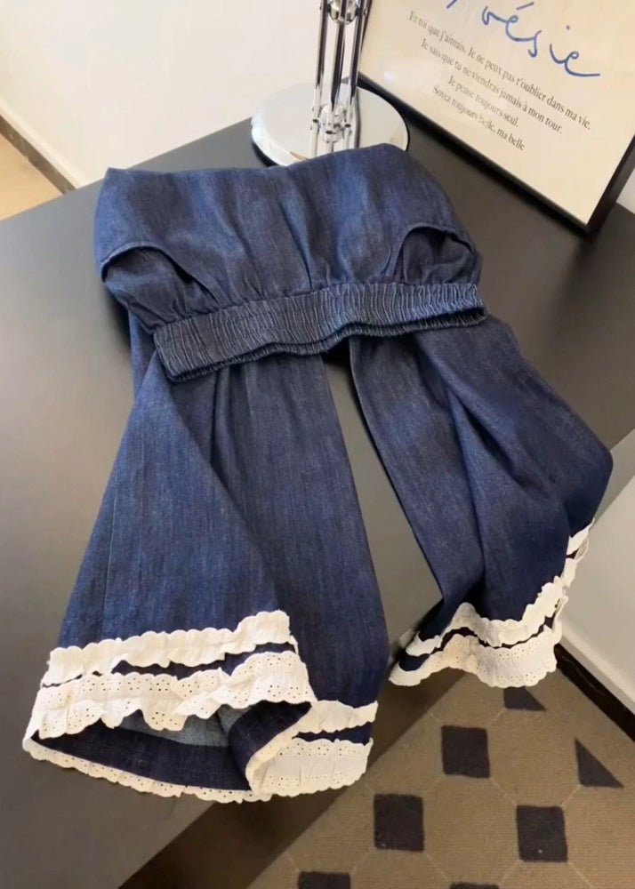 Navy Pockets Lace Patchwork Denim Wide Leg Pants Spring