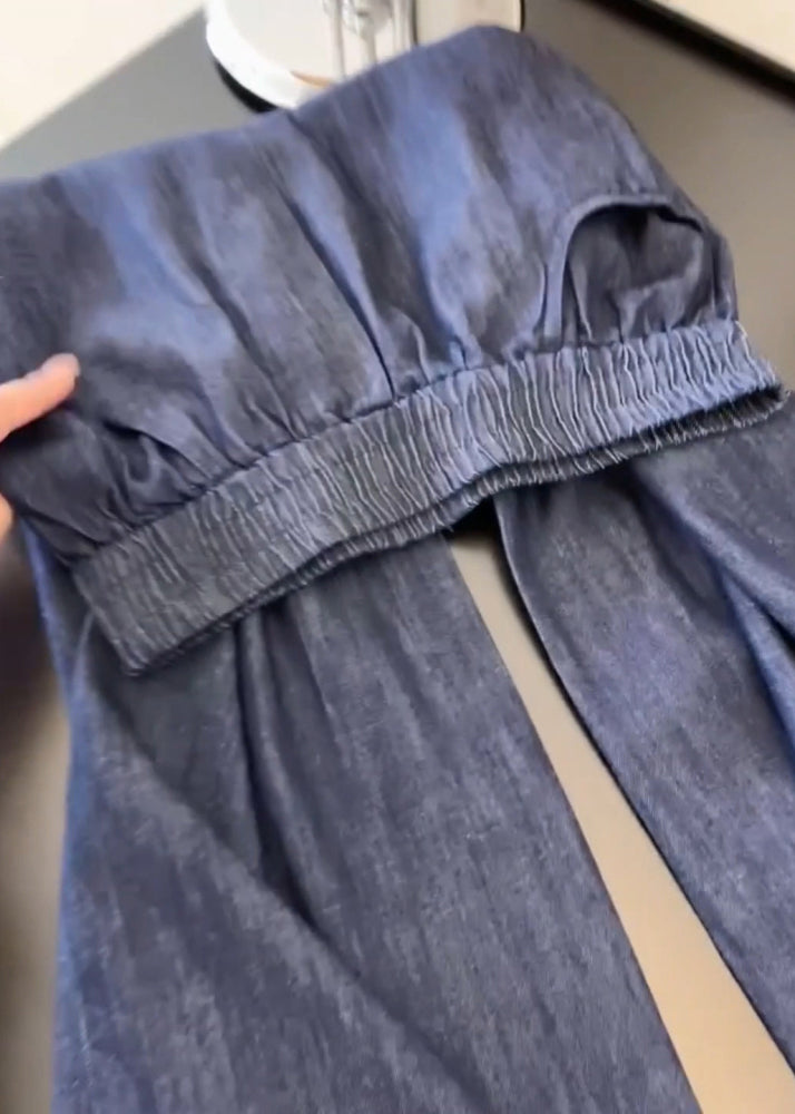 Navy Pockets Lace Patchwork Denim Wide Leg Pants Spring