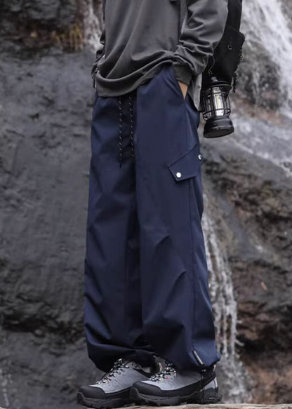 Navy Pockets Lace Up Elastic Waist Cotton Pants Spring