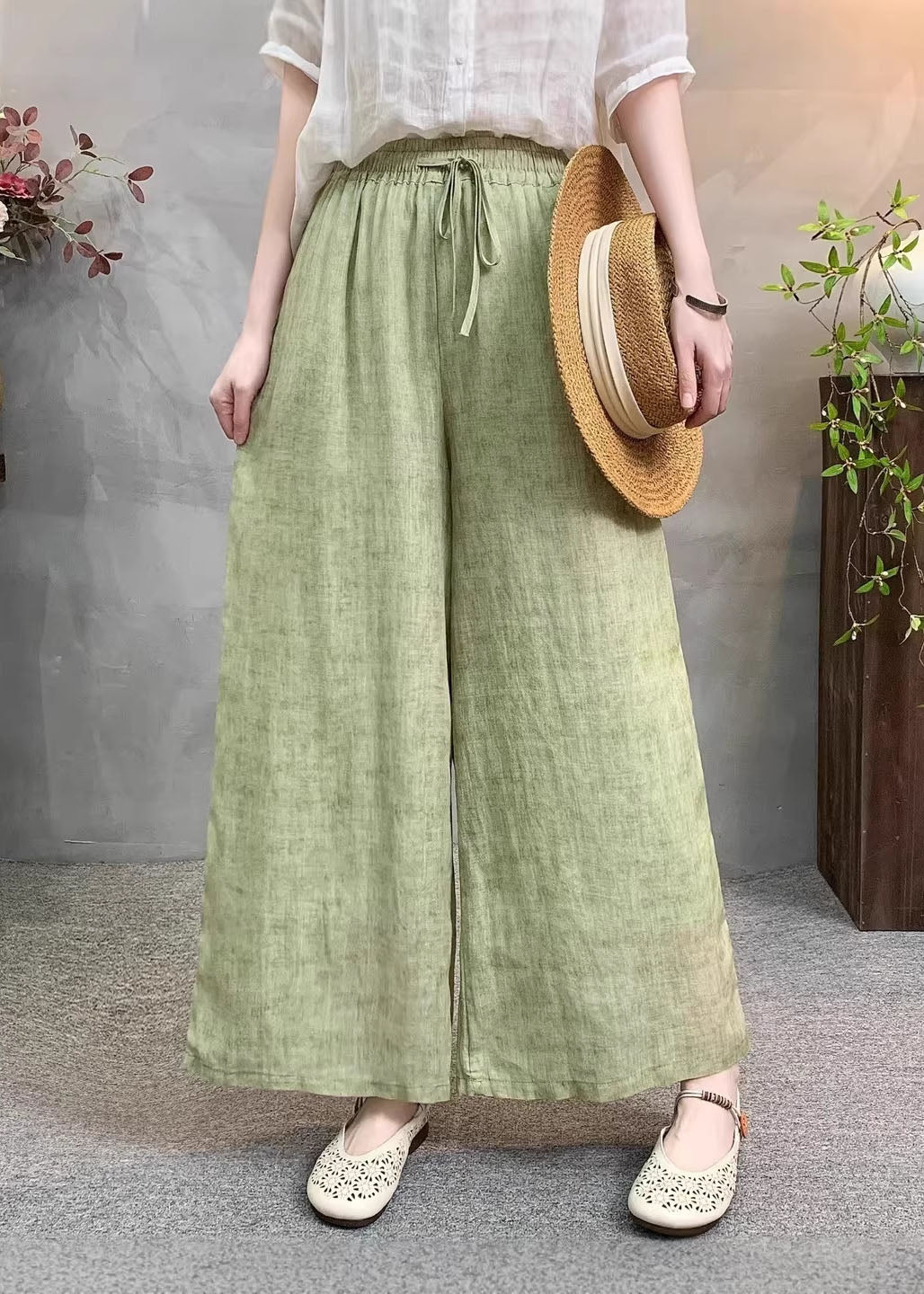 Navy Pockets Tie Dye Elastic Waist Linen Pants Summer