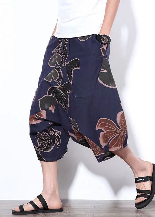 Navy Print Elastic Waist Cotton Crop Pants Summer