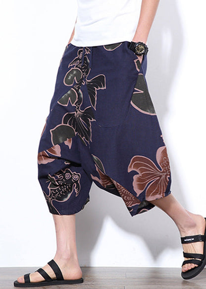 Navy Print Elastic Waist Cotton Crop Pants Summer