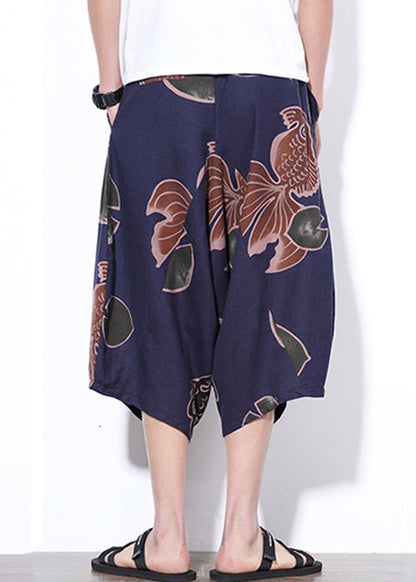 Navy Print Elastic Waist Cotton Crop Pants Summer