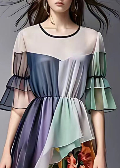 Navy Print Wrinkled Chiffon Mid Dress Summer