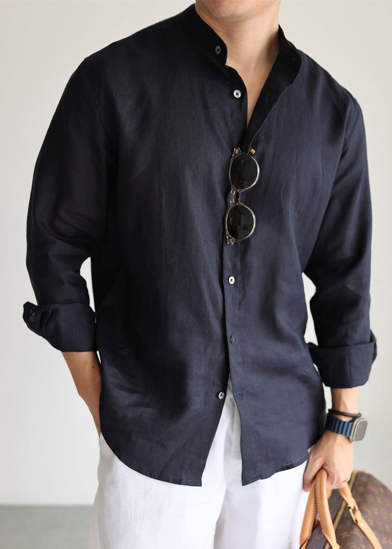 Navy Stand Collar Linen Shirts Fall