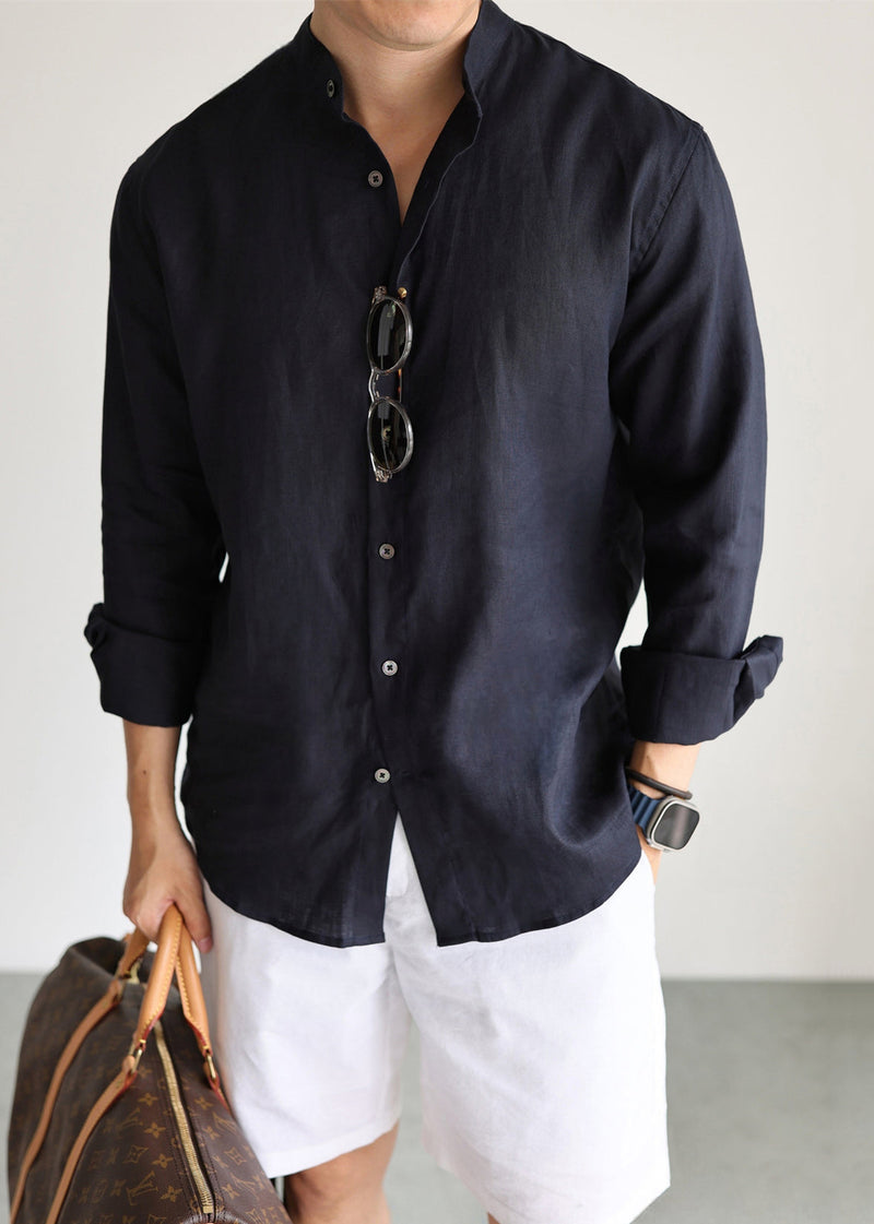 Navy Stand Collar Linen Shirts Fall