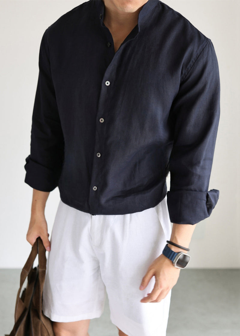 Navy Stand Collar Linen Shirts Fall