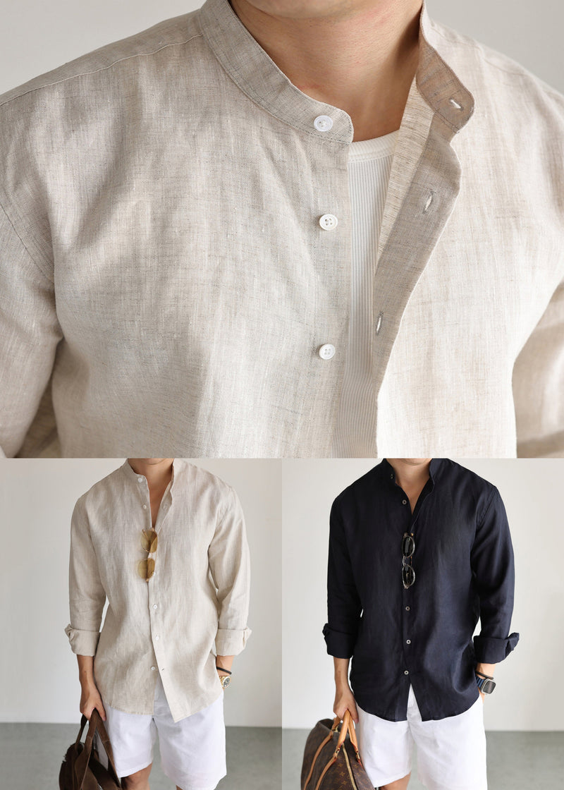 Navy Stand Collar Linen Shirts Fall