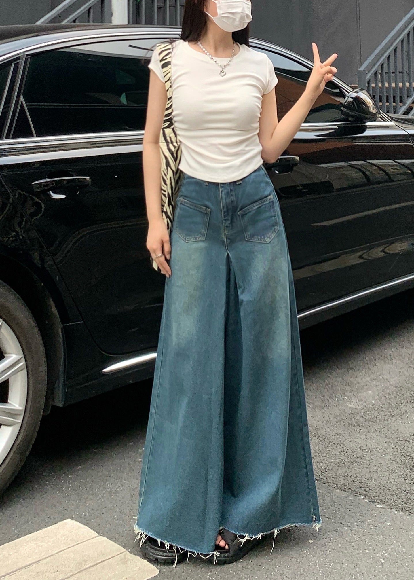 Navy Tasseled Denim Wide Leg Pants Skirts Fall