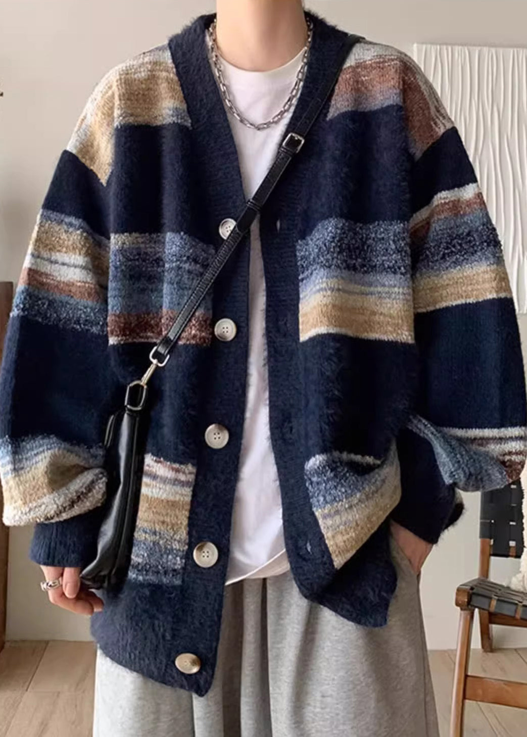Navy V Neck Striped Button Knit Coats Spring
