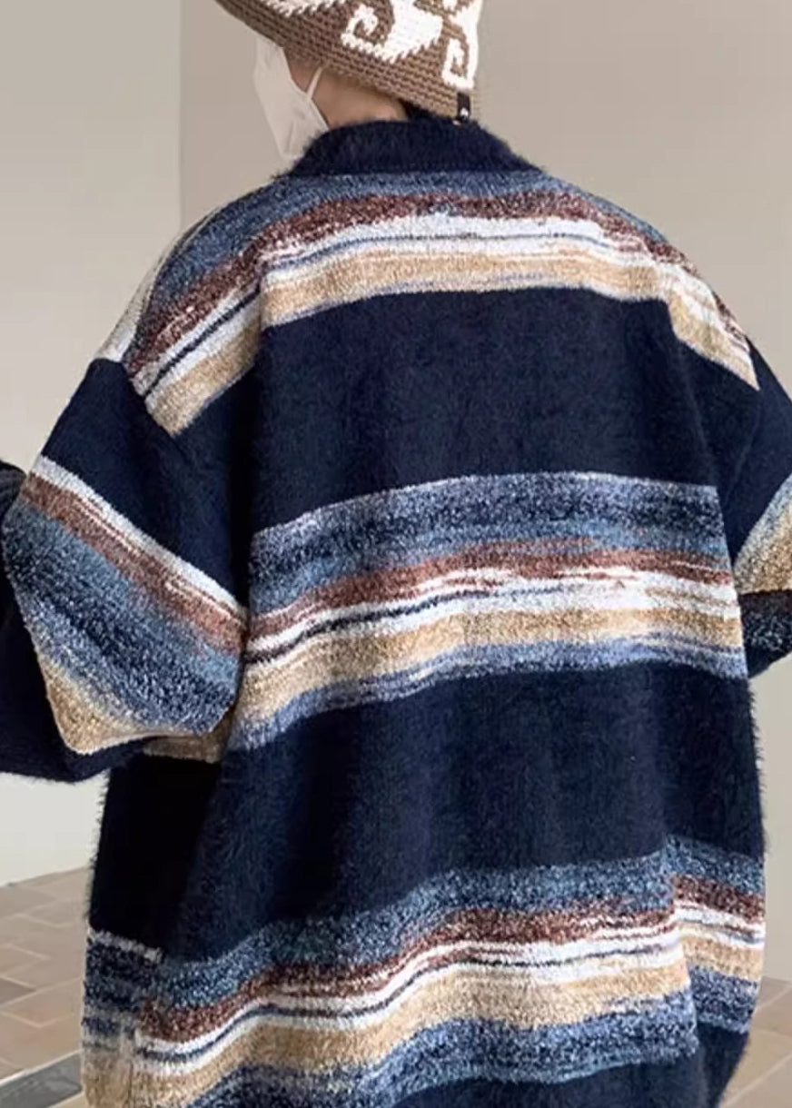 Navy V Neck Striped Button Knit Coats Spring