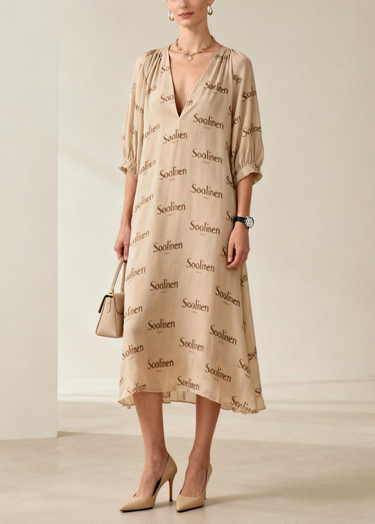 Nude V Neck Print Cotton Long Dresses Summer