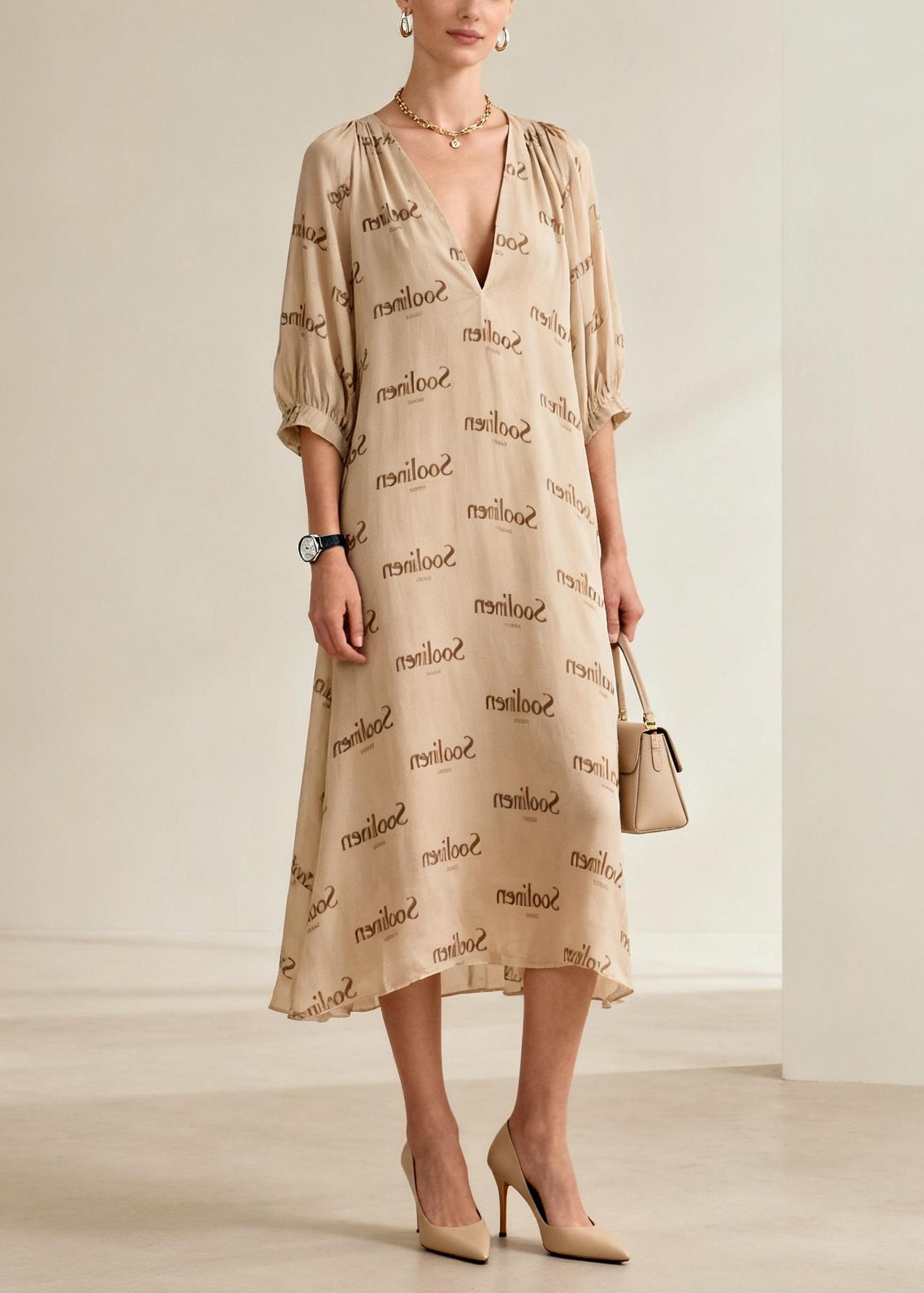 Nude V Neck Print Cotton Long Dresses Summer