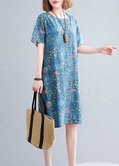 Number One Flower O-neck Print Pockets Dress Short Sleeve