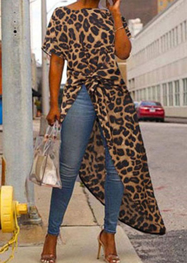 O-neck Asymmetrical Design Exra Large Hem Gold Leopard Print Top Short Sleeve