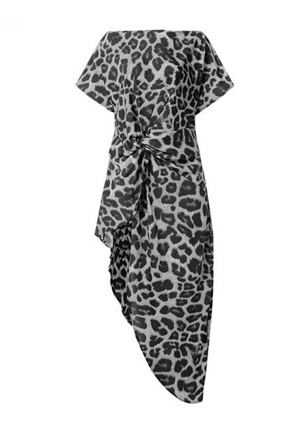 O-neck Asymmetrical Design Exra Large Hem Gold Leopard Print Top Short Sleeve