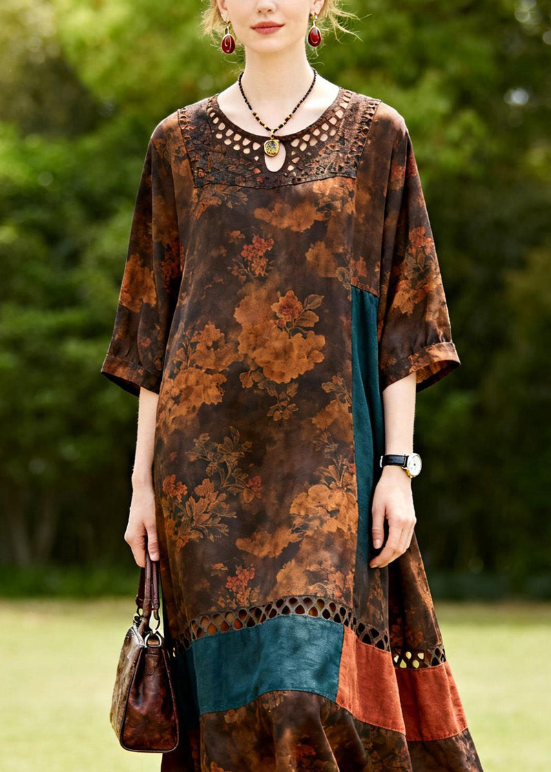 O Neck Hollow Out Print Patchwork Cotton Dresses Summer