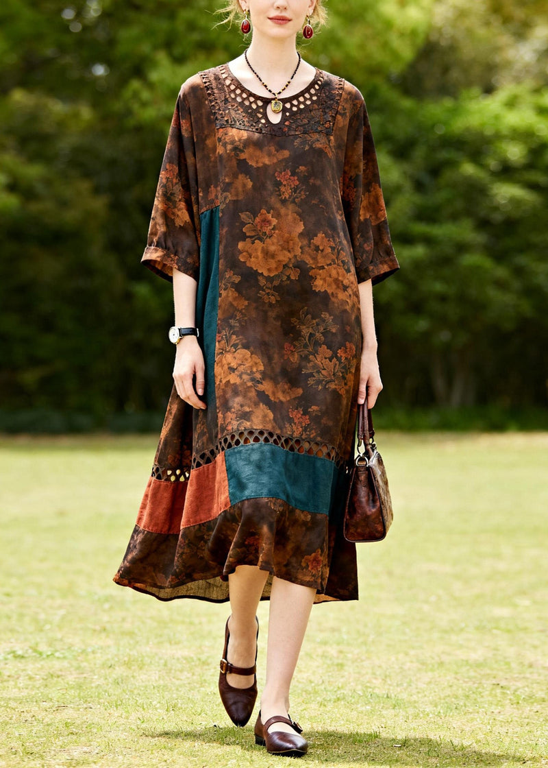 O Neck Hollow Out Print Patchwork Cotton Dresses Summer