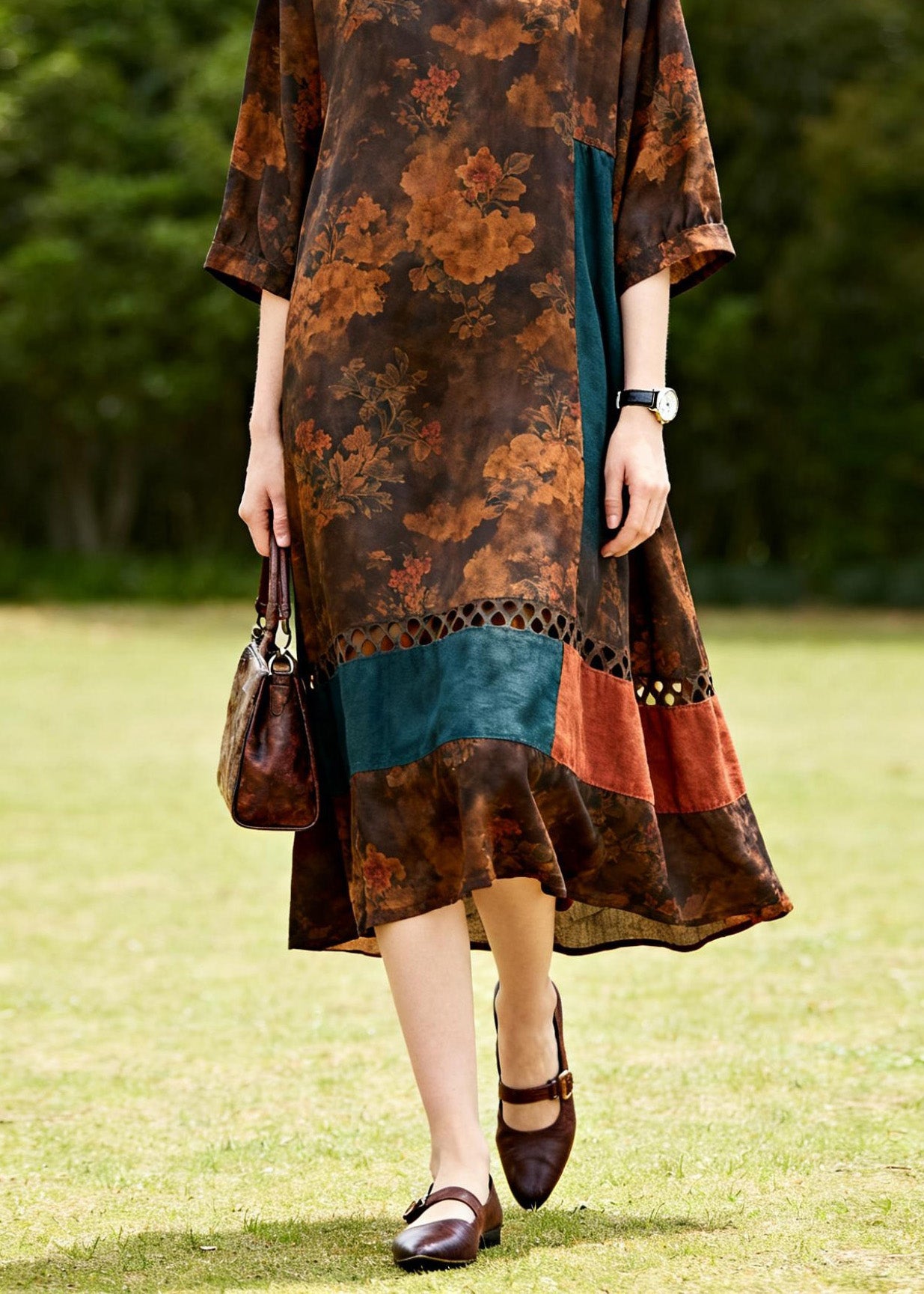 O Neck Hollow Out Print Patchwork Cotton Dresses Summer