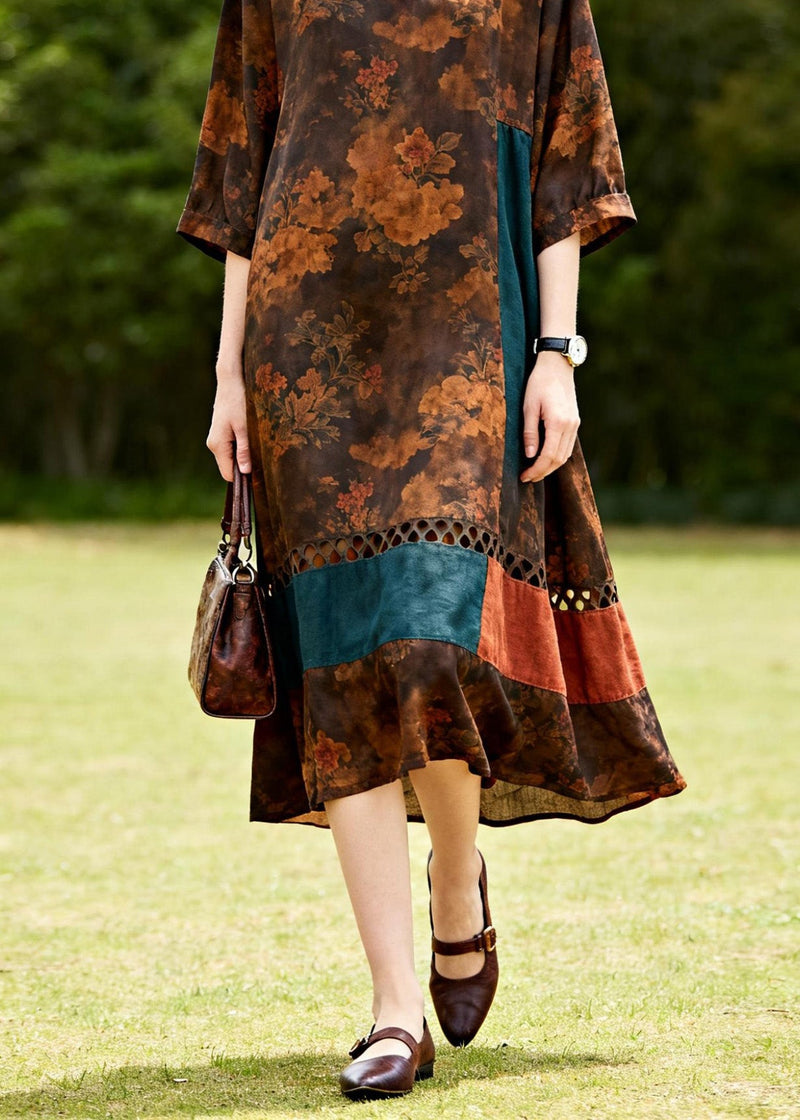 O Neck Hollow Out Print Patchwork Cotton Dresses Summer
