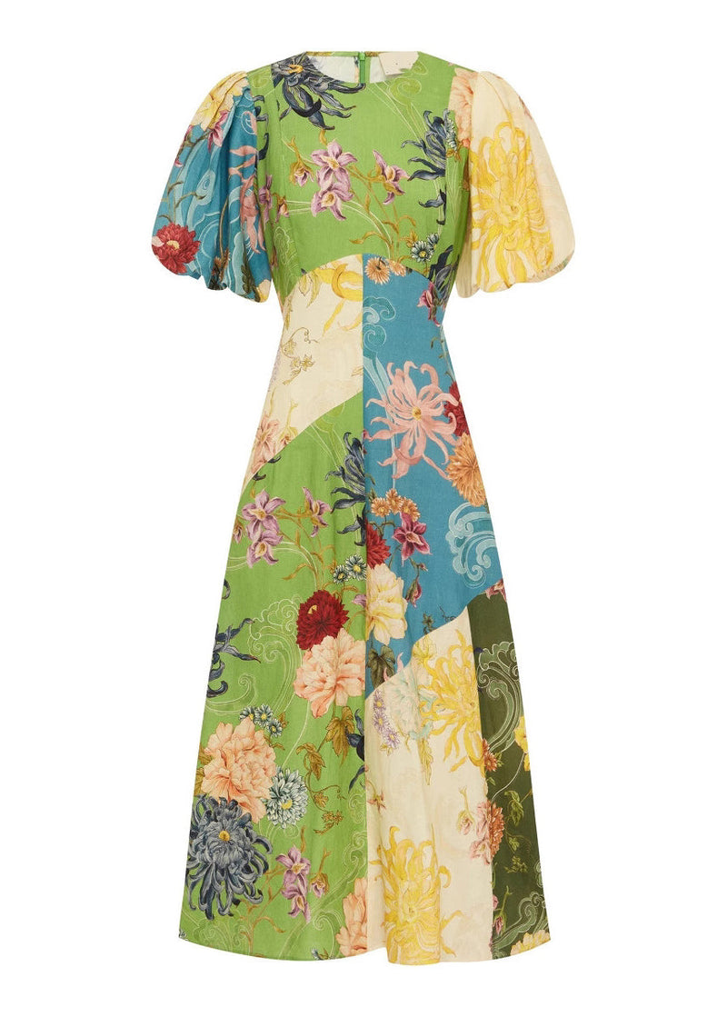 O Neck Print Cotton Long Dress Lantern Sleeve