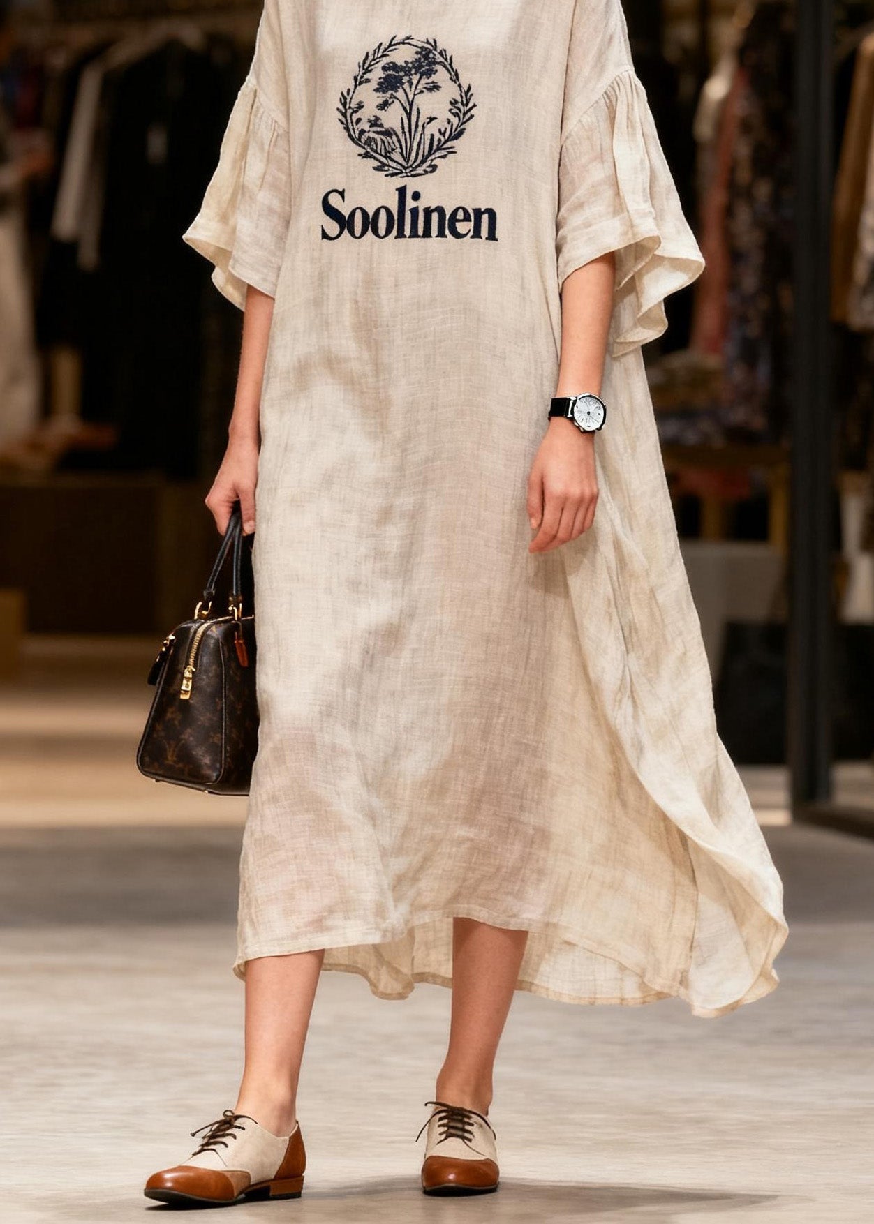 O Neck Print Patchwork Linen Long Dress Summer