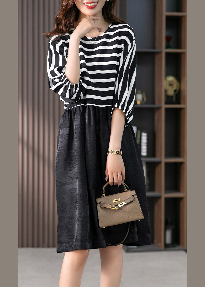 O-neck Striped Patchwork Silk Maxi Dresses Spring