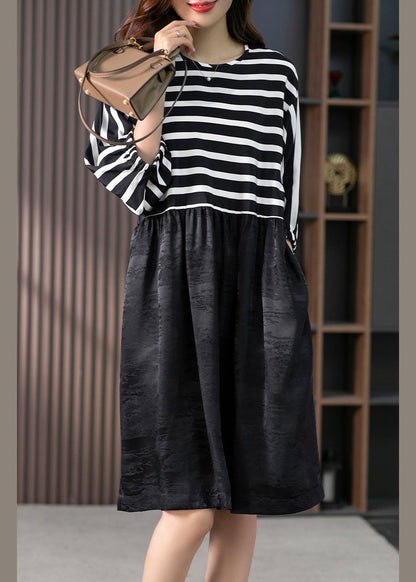 O-neck Striped Patchwork Silk Maxi Dresses Spring