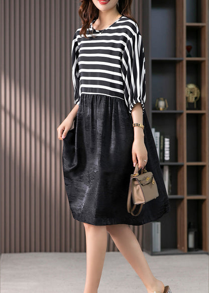 O-neck Striped Patchwork Silk Maxi Dresses Spring