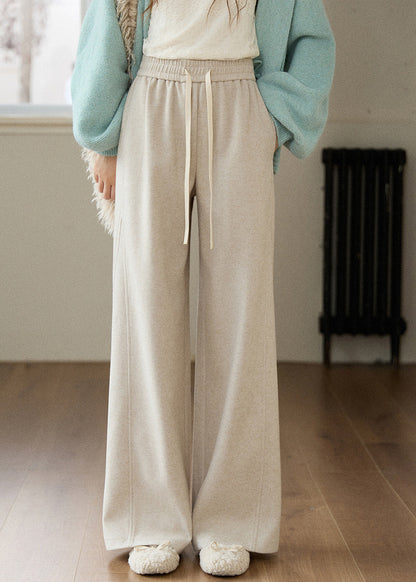 Oatmeal Pockets Elastic Waist Woolen Wide Leg Pants Spring
