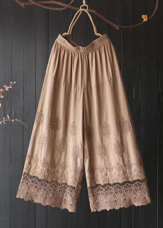 Orange Embroidered Lace Patchwork Cotton Crop Pants Summer