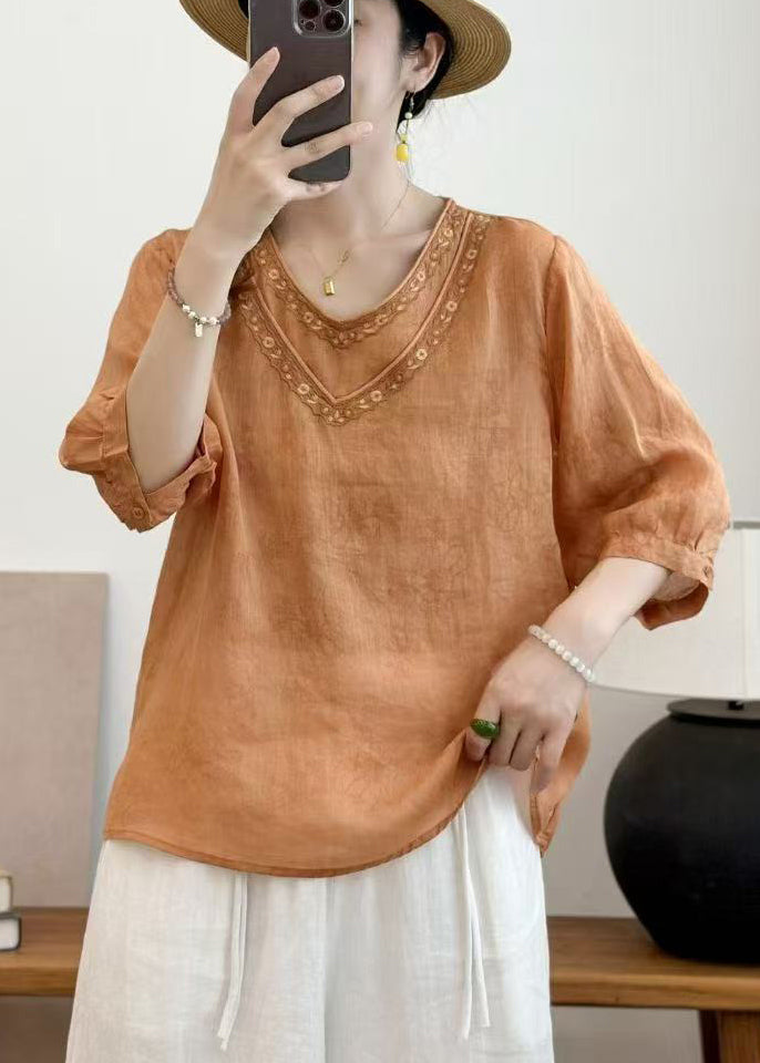 Orange Embroidered Oversized Linen Shirt Summer