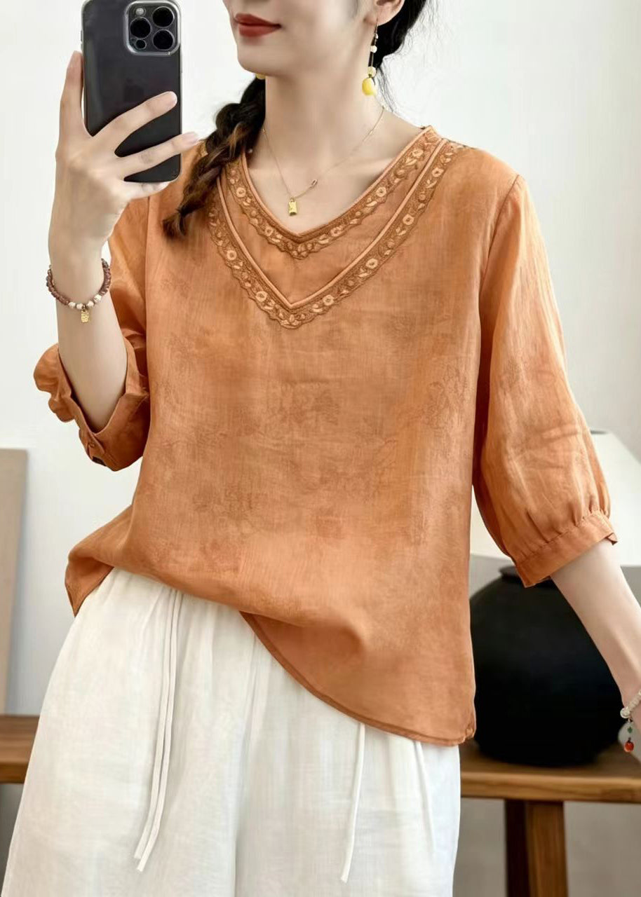 Orange Embroidered Oversized Linen Shirt Summer