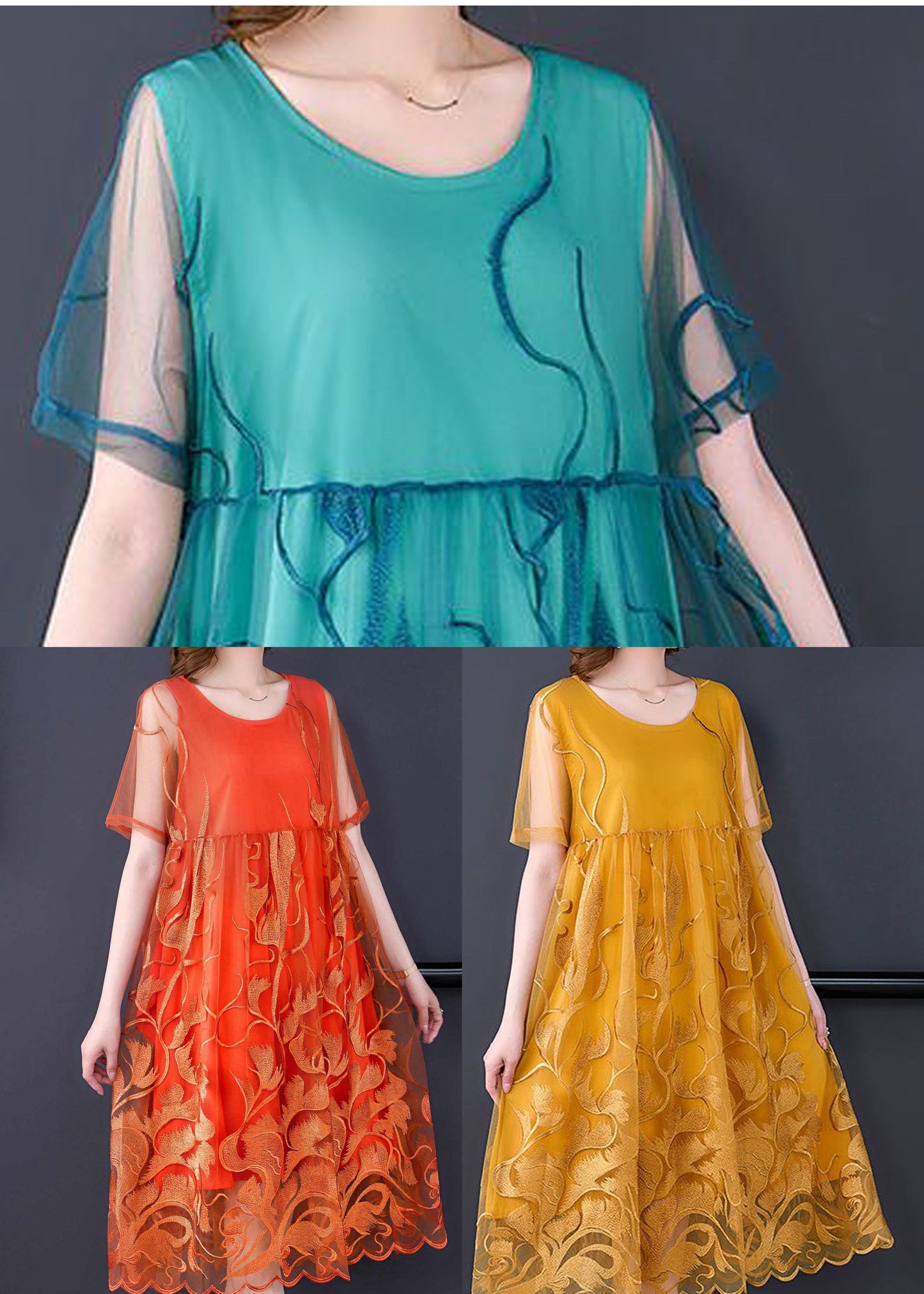 Orange Embroideried Patchwork Tulle Long Dress Summer