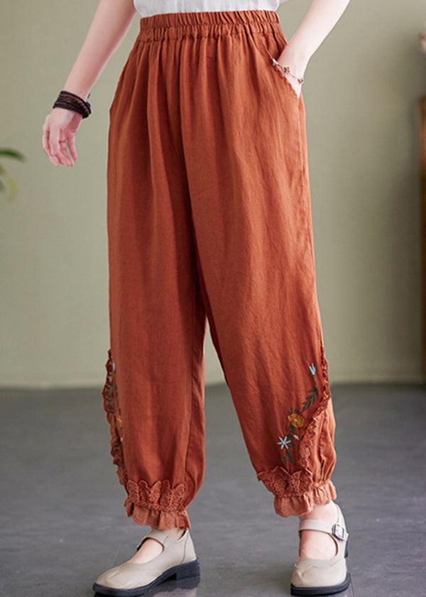Orange Embroideried Pockets Linen Lantern Pants Summer