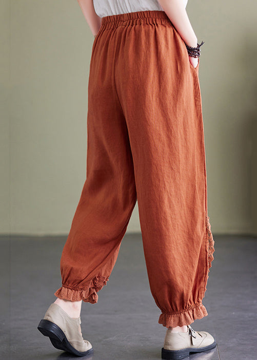 Orange Embroideried Pockets Linen Lantern Pants Summer