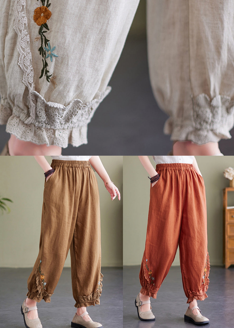 Orange Embroideried Pockets Linen Lantern Pants Summer