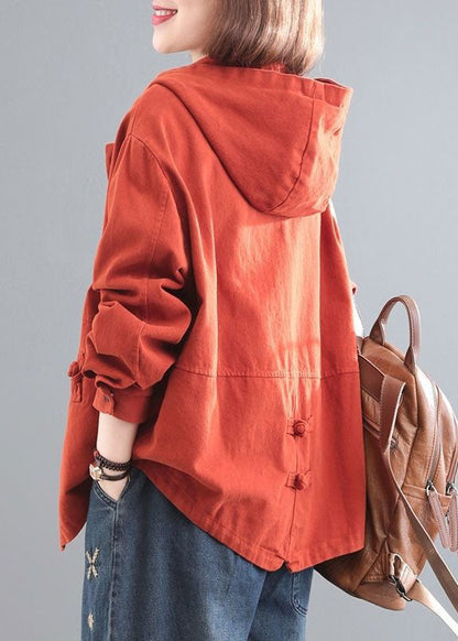 Orange Hooded Chinese Button Denim Coat Long Sleeve