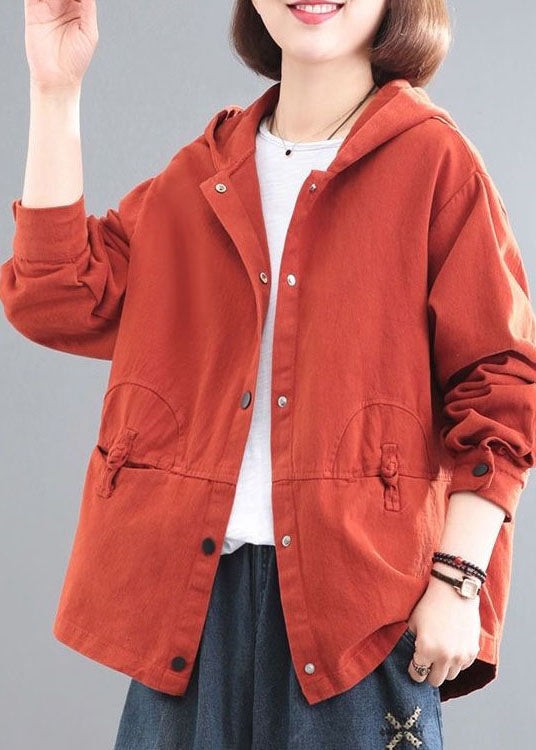 Orange Hooded Chinese Button Denim Coat Long Sleeve